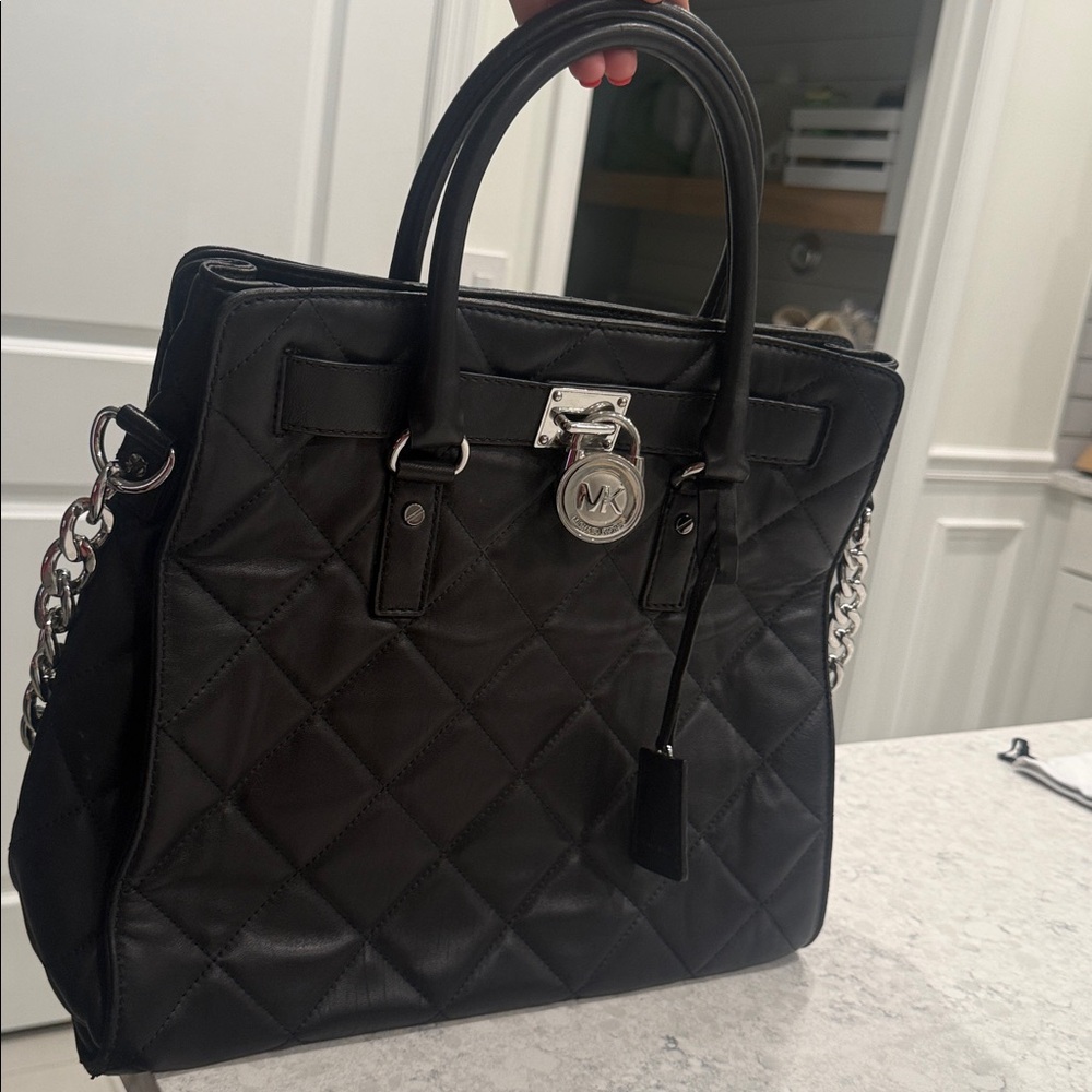 Michael Kors Black Quilted Leather Purse / Tote with Silver Hardware